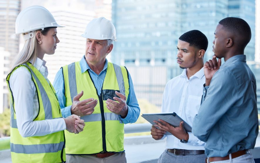 Construction and business team discussing workforce support on site.